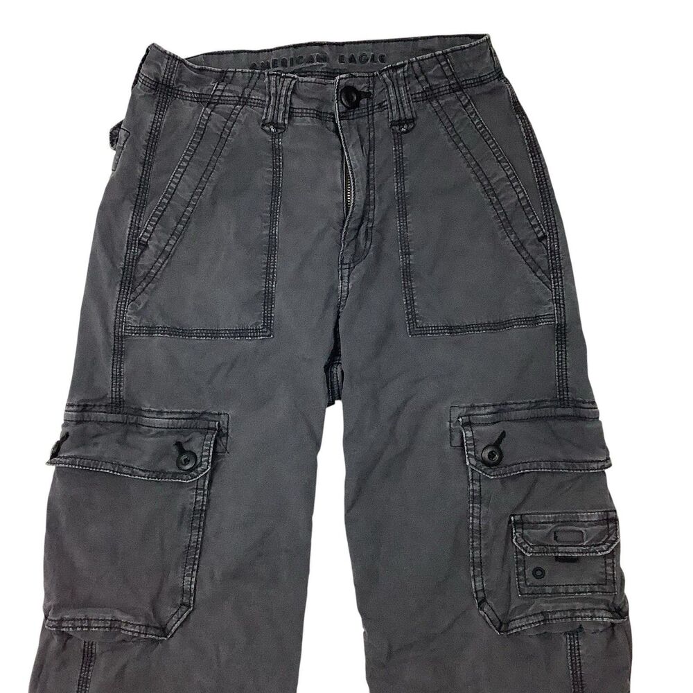 American Eagle Women Baggy Jogger Cargo Pants 00 24X29.5 Wide Leg Stretch Black - Picture 2 of 13